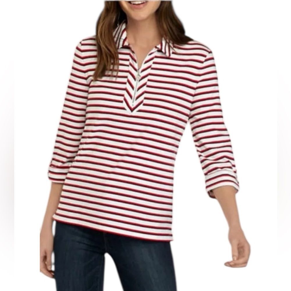 Tommy Hilfiger Women's Half Zip Stripe Top White Red Stripe Size 2X